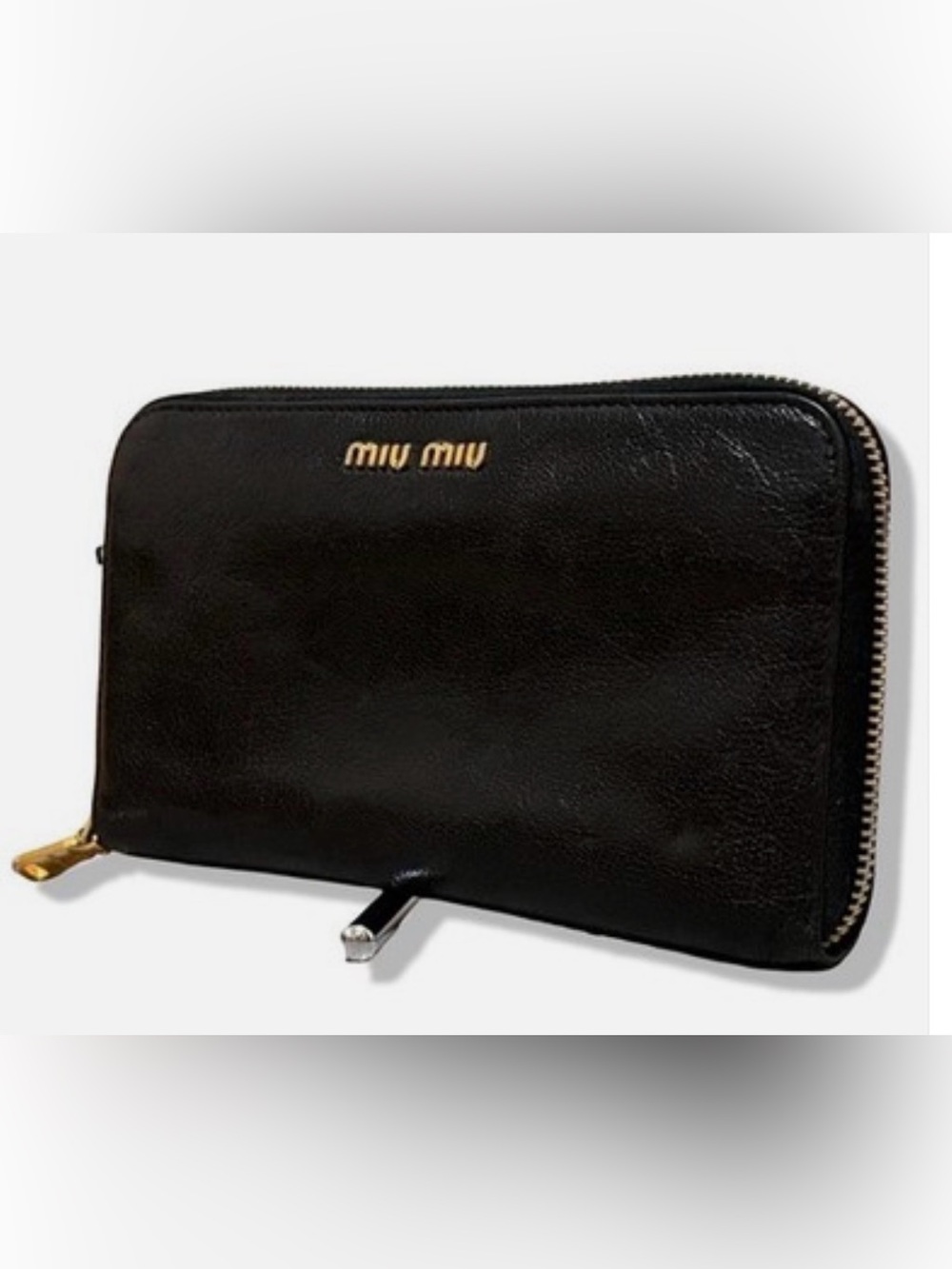 Miu Miu Black Leather Zip-Around Wallet with Gold Logo